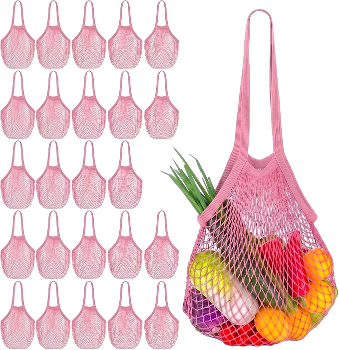 Woanger 24 Pcs Pink Long Handle Reusable Cotton Mesh Produce Shopping Bags Washable Grocery Net Portable Fruit and Vegetable Cotton String Bags Net Tote Organizer