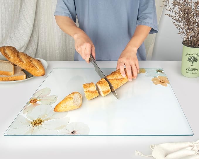 Glass Cutting Board 20”x16”: Tempered Glass Kitchen Counter Protector - Durable- Scratch-Resistant, Heat-Proof - Design 5 - Floral Design