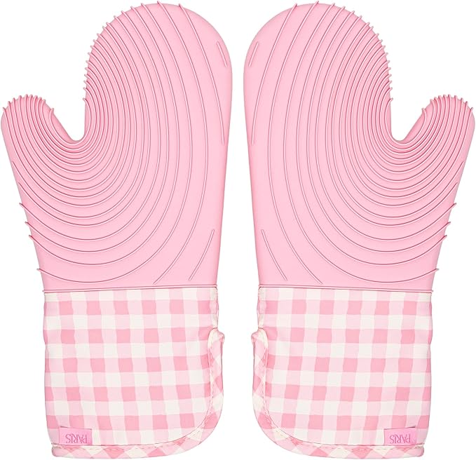 Paris Hilton Oven Mitt Set with Limited Edition Pink Gingham Design, Heat Resistant Pot Holders Featuring Non-Slip Textured Silicone Grips, 2-Piece Set, Pink