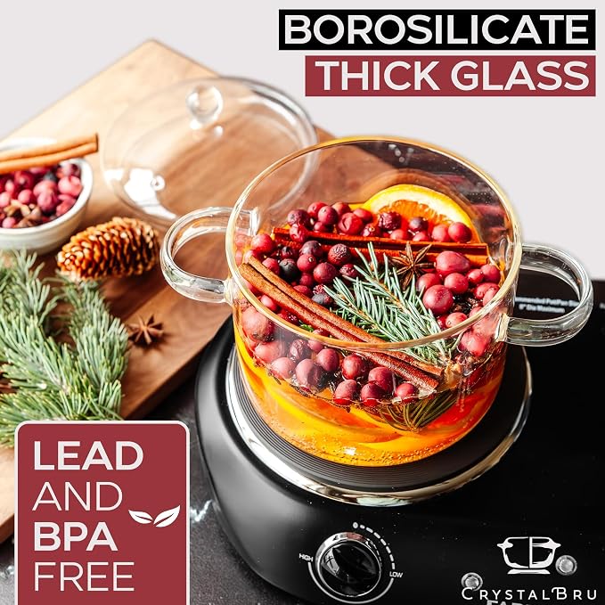 Crystalbru 2L Clear Glass Simmer Pot with Lid & Strainer | Heat-Resistant Borosilicate Glass Pot for Potpourri | Simmer Pot for Home Fragrance | Glass Pots for Cooking on Stove | Anti-Scald Handles