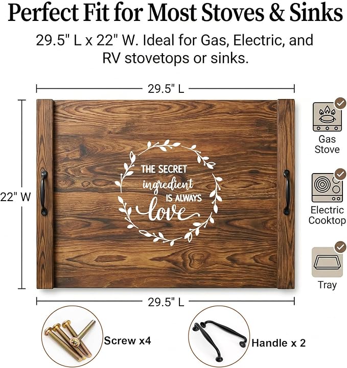 Noodle Board Stovetop Cover with Handles, Sink Wood Block Covers for Electric & Gas Stove, RV Stove Burner, Farmhouse Decorative Wooden Tray for Kitchen-The Secret Ingredient is Always Love