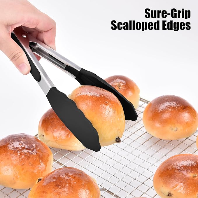 Doosu Kitchen Tongs with Silicone Tips for Cooking Serving (7in, Black) | 600°F Heat Resistant Food Tong, Heavy Duty Stainless Steel Locking Tong for BBQ, Grilling Steak, Salad, Toast, Pasta