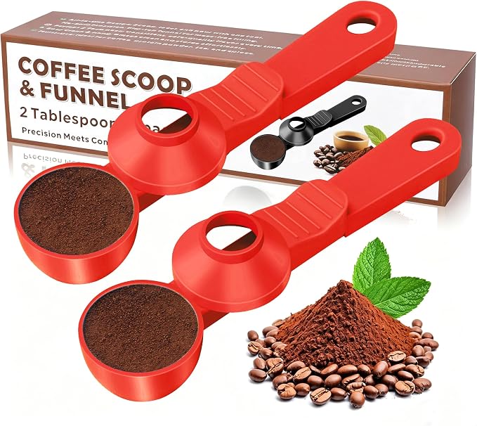 2-in-1 Coffee Scoop with Funnel, 2 Tbsp Measuring Spoon for Reusable K Cups, Ground Coffee, Protein Powder & Tea, Mess-Free Plastic Design（Red-2pack）