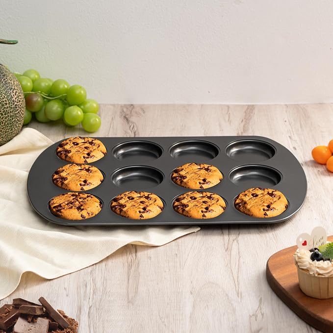 Tiawudi Muffin Top Pan, 12 Cavity Cupcake Pan, 3 Inch Nonstick Bakeware for Eggs, Cornbread, Cookies, Whoopie Pies and Yorkshire Pudding