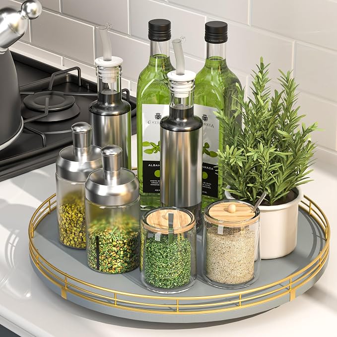 Oroyutor 13-Inch Gray Wooden Lazy Susan Spice Organizer with Gold Rail | Rotating oak tray organizes spices, toiletries and decor on kitchen counters, bathroom vanities, dining and coffee tables.