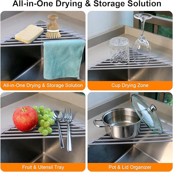 Triangle Roll Up Dish Drying Rack for Sink Corner, Silicone Wrapped Sponge Holder for Kitchen Sink Caddy Organizer Multipurpose Corner Shelf Drainer Mat for RV Kitchen Sink Accessories Counter Storage