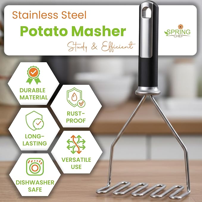 Spring Chef Stainless Steel Potato Masher, Heavy Duty Mashed Potato Smasher | Fruit & Food Smasher For Avocado, Banana, Eggs - Bean Smasher Tool - Durable Metal Mashing Kitchen Tool, Dishwasher Safe