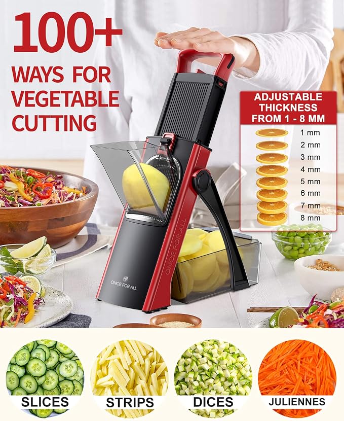 ONCE FOR ALL Safe Mandoline Slicer Plus with Peeler, Bigger Size, Red | 0.1-8mm Adjustable Potato Slicer, Veggie Slicer Potato Fries Cutter, Detachable Blade, Stainless Steel, Dishwasher-safe, Gift