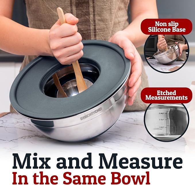 6Pc Stainless Steel Mixing Bowls with Lids Set, Huge 7 Qrt Size Metal Bowl Set for Kitchen, 3 Graters, Non-Slip Bases & Silicone Utensils Set, Grey