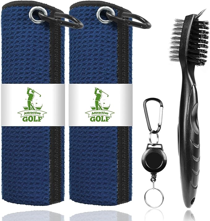 2 Pack Golf Towels with Club Brush, Microfiber Waffle Cleaning Set | Waffle pattern microfiber for strong water absorption, cleans clubs & balls, 2 towels + 1 brush, ideal for golfers