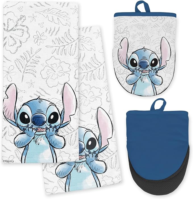 Disney Stitch Cotton Kitchen Towels & Mini Oven Mitts, 4-Piece Set | Absorbent, dries dishes fast, machine washable, mitt grip resists heat to 350F and is hand wash only, great for gifting