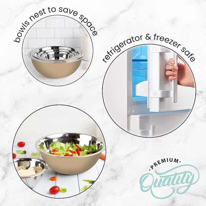 WHYSKO Stainless Steel Mixing Bowls Set, 5-Piece Meal Prep & Food Storage | .75, 1.5, 3, 4 & 5 Quart Metal Mixing Bowls Set for Prep, Serving, Baking & Food Storage, Ecofriendly, Dishwasher Safe, Khaki