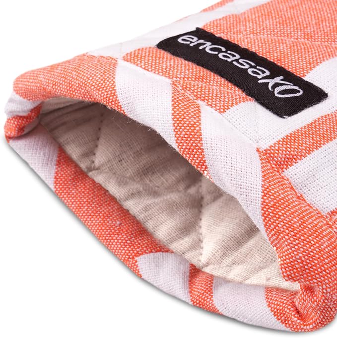 Encasa XO Oven Mitts, Heat Resistant Kitchen Gloves, Microwave | Franca Orange Stripes, 100% Cotton | Diamond Quilted Insulation | Pot Holders | Hanging Loop | Barbecue & Grill | Set of 2