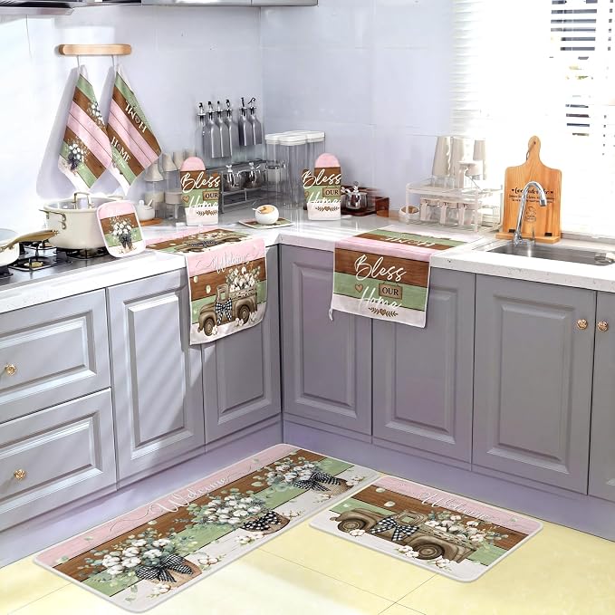 Fourluoo 10 Pcs Bless Our Home Farmhouse Eucalyptus Leaves Kitchen Decor Set Towels Rugs Oven Mitts and Pot Holders for Cooking Baking Grilling Gift