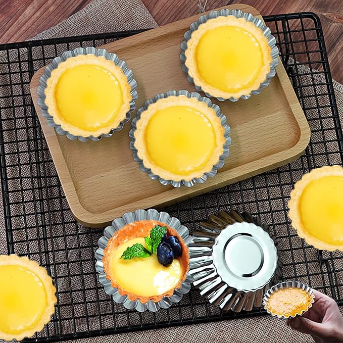 32Pack 2.75" Egg Tart Molds Aluminum Mini Tart Tins Pans for Baking | Reusable Small Round Fluted Pie Quiche Molds, Nonstick Carbon Steel Baking Cupcake & Muffin Pans for Christmas Dessert