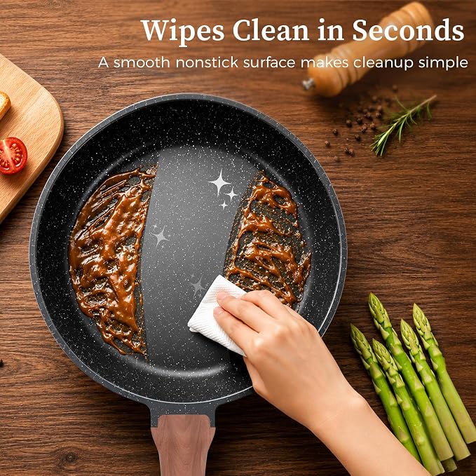 YASHE 3Pcs Granite Nonstick Frying Pan Set(8/9.5/11 inch) Induction Ready | Non-Toxic Omelette Pans Cookware with Stay-Cool Handle PFOA/PFOS Free Skillet Pans Set Compatible with All Stovetops
