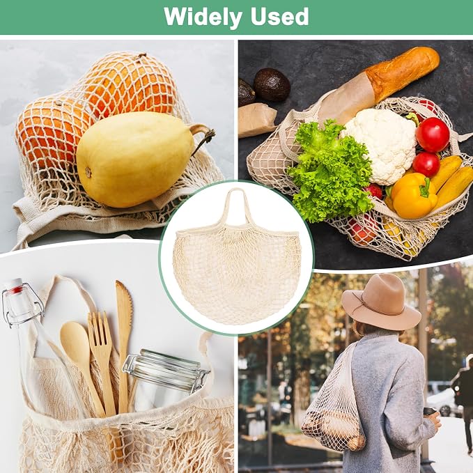 M METERXITY 2-Pack Cotton Mesh Bag, Reusable Washable Mesh Net String Grocery Bags, Reusable Produce Bags with Handle, Net Tote Bag for Fruits/Vegetables Shopping [Cream, Long&Short Handle]
