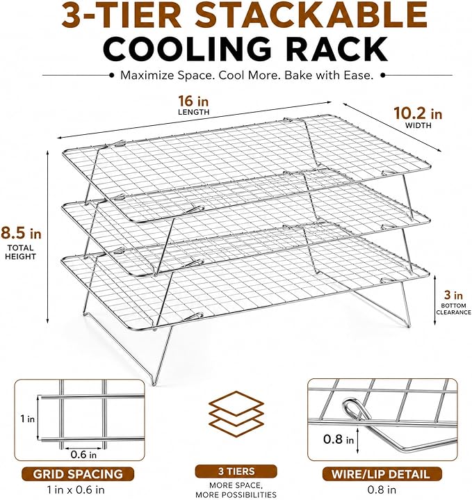 Cooling Rack 16"x10", 3-Tier Stackable & Collapsible Cooling Racks | Cooling Racks for Cooking and Baking, Roasting, Grilling, Oven & Dishwasher Safe (Silver, 3-Tier)