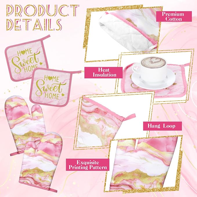 Bencailor 6 Pcs Pink Kitchen Decor Marble Kitchen Towels Set Pot Holders and Oven Mitts Pink Marble Linens Set for Baking Cooking Grilling Cleaning Supply Accessories