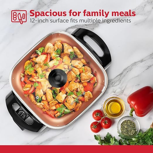 Holstein Housewares 12-Inch Electric Skillet - 1400W Electric Pan with Adjustable Temperature Control, PFOA-Free Non-Stick Coating, Cool-Touch Handles, Multi-Function Cooker, Copper & Black
