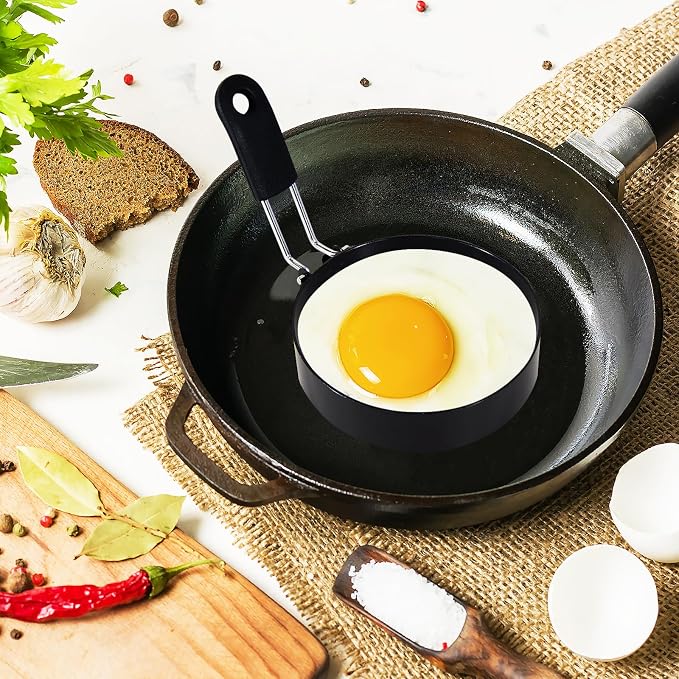 2-Pack Round+Heart Egg Rings Set with Silicone Handle, Stainless Steel Egg Cooking Rings，Nonstick，For Frying Eggs and English Muffins Pancake, Egg Mold Shaper For Breakfast