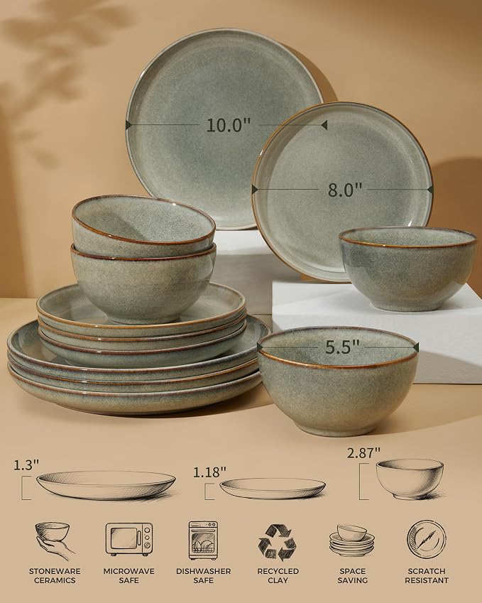 Stoneware Dinnerware Sets Service for 4, 12 pcs Reactive Glaze Plates and Bowls Sets, Handmade Ceramic Dish Set, Highly Chip and Crack Resistant Modern Plate Set, Green Wheat