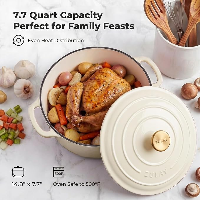 Zulay Kitchen 7.7 Quart Enameled Cast Iron Dutch Oven Pot with Lid – Premium Durability & Oven Safe up to 500°F – Heavy Duty Cookware Perfect for Bread Baking, Stews, Braising & Roasting – Ivory