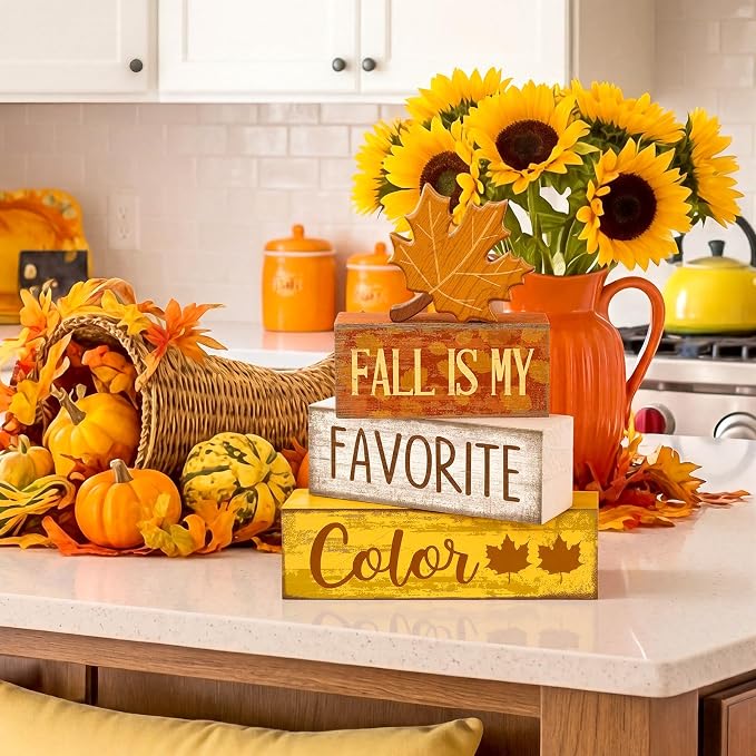 Lineshading 4 Pcs Fall Wooden Block Signs Farmhouse Tabletop Maple Leaf | Rustic Tiered Tray Decor, Stackable Autumn Blocks with Maple Leaf Cutout, Gift for Farmhouse Table Centerpiece Display