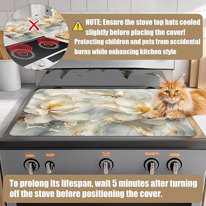 Magnolia flower Stove Top Covers for Electric Stove,Gold Marble Electric Gas Stove Pad Heat Resistant Range Cooktop Protector for Home Decor Kitchen 28"x20"