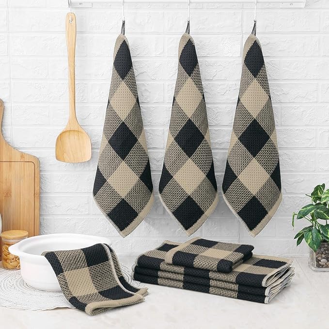 Homaxy Kitchen Towels and Dishcloths Set, Set of 12, Black & Tan | Bulk Cotton Waffle Weave Check Plaid Kitchen Towels, Super Soft and Absorbent Dish Cloths, 12 x 12 and 13 x 28 Inches
