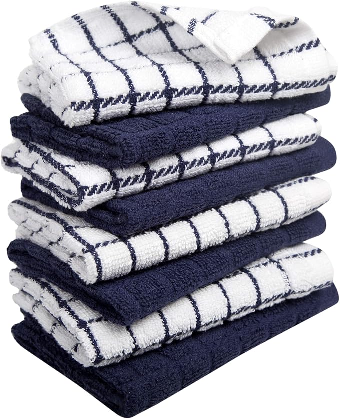 Bumble Dish Cloths (8-Pack), 100% Cotton Kitchen Towels, 12"x12" - Navy | 405 GSM | Soft, Highly Absorbent & Durable Dish Towels for Kitchen