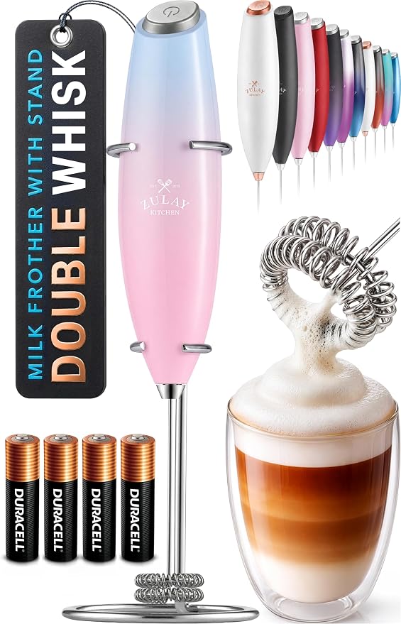 Zulay Kitchen Powerful Milk Frother Wand With Duracell Batteries - Ultra Fast Handheld Drink Mixer - Electric Whisk Foam Maker for Coffee, Lattes, Cappuccino & Matcha - Double Whisk - Lavender