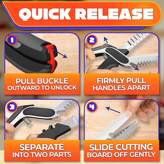 7-in-1 Cutting Board Scissors for Food, Stainless Steel | Dishwasher Safe Kitchen Scissors with Cutting Board; Replaceable Blades; Safety Lock; for Meat, Veggies, Fruit & Herbs