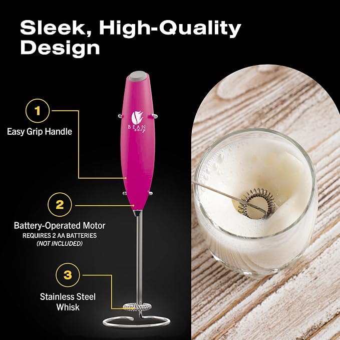 Bean Envy Milk Frother Handheld - Coffee Mixer Wand with Stand - Raspberry | Battery Operated, Stainless Steel Whisk, 19000 RPM, Protein Powder Blender, Electric Stirrer, Mini Foamer