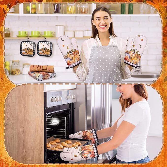 Fanfanwin 10 Pcs Fall Pumpkin Kitchen Decor Set Kitchen Towels Pot Holders Oven Mitts and Rugs Set Pumpkin Flower Decorations for Baking Cooking BBQ Autumn Home Housewarming Gifts