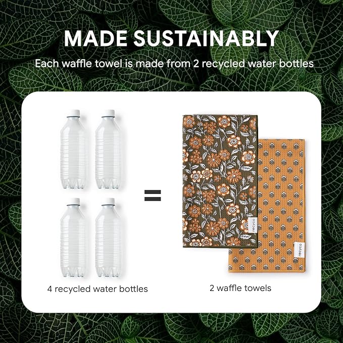 RECYCO Waffle Kitchen Towel Set of 2 - Quick Dry Microfiber Sustainable Dish Towels - Ultra Absorbent Reusable Cleaning Tea Towels - Lightweight Hand Towels,16”x 28”, Amber Flora