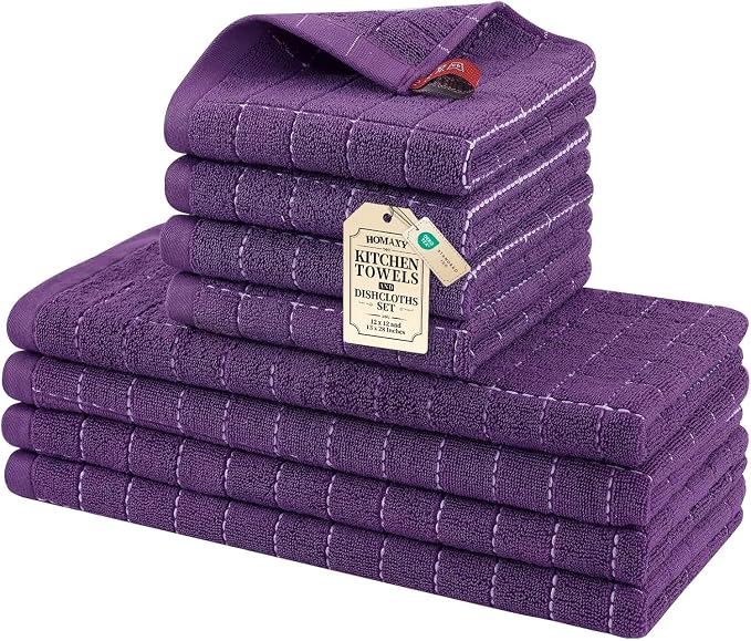 Homaxy Kitchen Towels and Dishcloths Set, Set of 8, Purple | Bulk Cotton Terry Kitchen Towels, Checkered Designed, Soft and Super Absorbent Dish Towels, 12 x 12 and 13 x 28 Inches