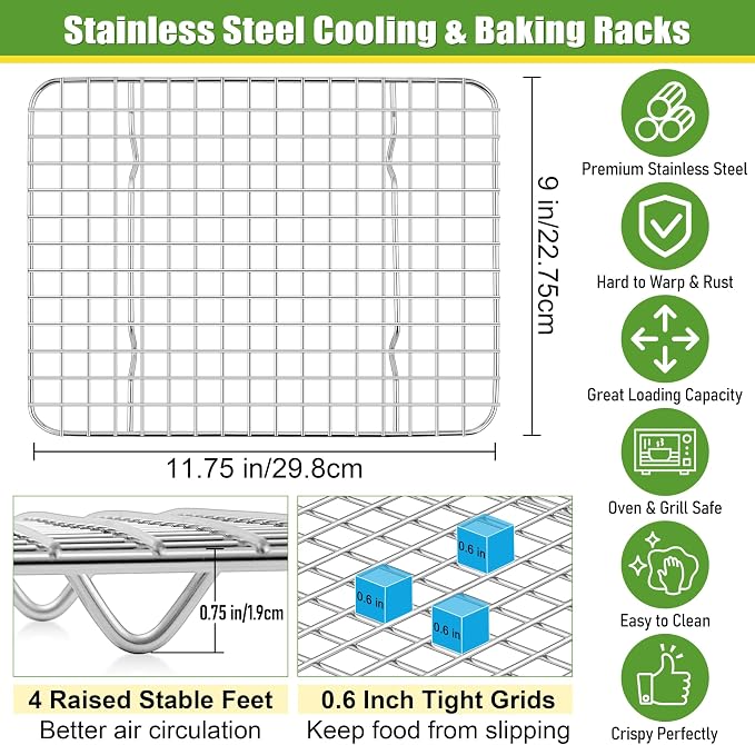 Homikit Stainless Steel Cooling Rack Set for Quarter Sheet Pan, 12x9 Inch | 4 Pack Baking Racks for Cookie Bread Pizza, Small Bacon Oven Rack, Metal Wire Grilling Grids, Rust Free, Dishwasher Safe