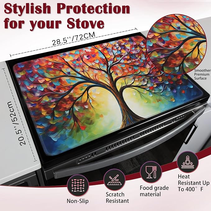 Tree Of Life Electric Stove Top Cover Protector,Colorful Abstract Glass Flat Top Stove Mat,Heat-Resistant Oven Induction Cooktop Mat for Ceramic Countertop Mats Dish Drying Mat