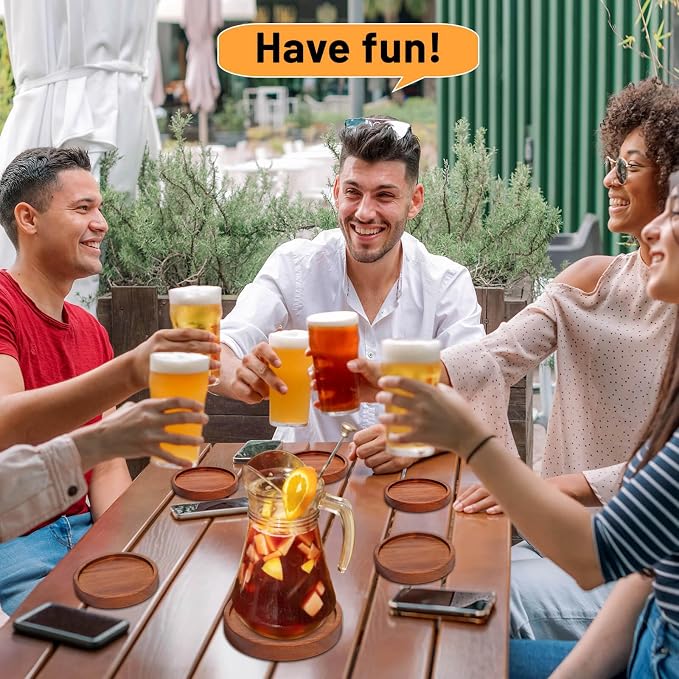 Wooden Coasters Set of 6 with Holder, Acacia Wood Drink Coasters for Farmhouse, Patio, Bar Decoration