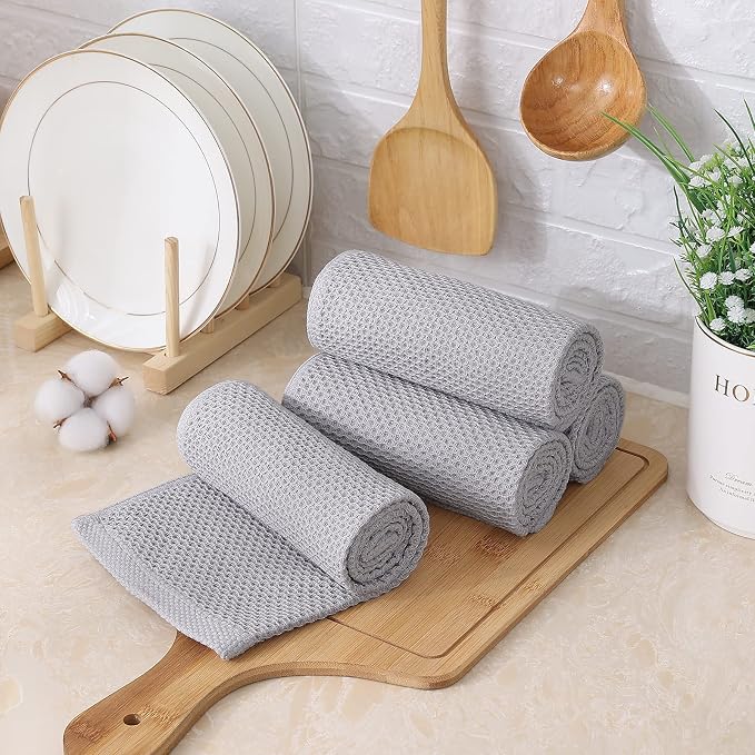 Kitinjoy 100% Cotton Waffle 8-Pack Kitchen Towels, 13" x 28", Light Grey | Super Soft, Ultra-Absorbent, Fast Drying, lightweight, Quick Drying Kitchen Hand Towels
