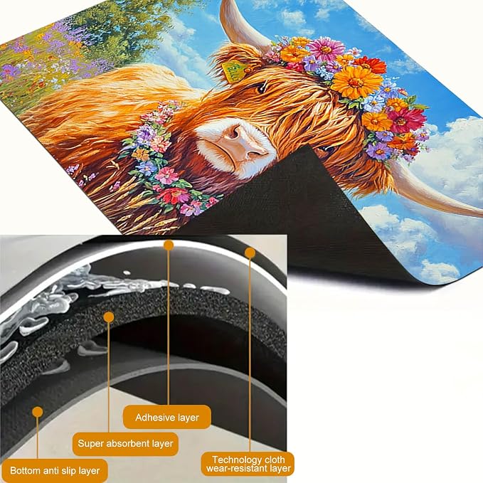 HOMETITUTE Highland Cow Stove Top Cover 28x20 Floral Field Diatomite Mat
