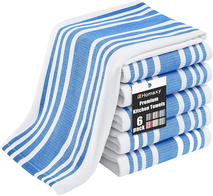 Homaxy Premium Cotton Stripe Kitchen Towels 6 Pack, 18"x 28", Blueberry | Large 380 GSM Kitchen Hand Towels, Soft Terry Dish Towels, Highly Absorbent Tea Towel Set with Hanging Loop