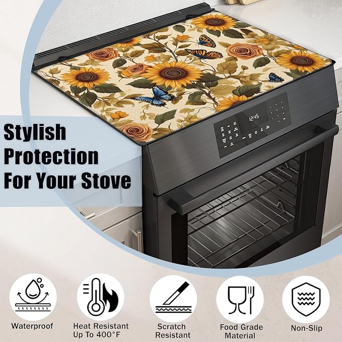 Vintage Sunflower Stove Top Covers for Electric Stove,Rustic Rose Butterfly Glass Top Stove Cover, Heat Resistant Range Covers for Electric Stove,Washable Countertop Mat, 28 x 20 Inch