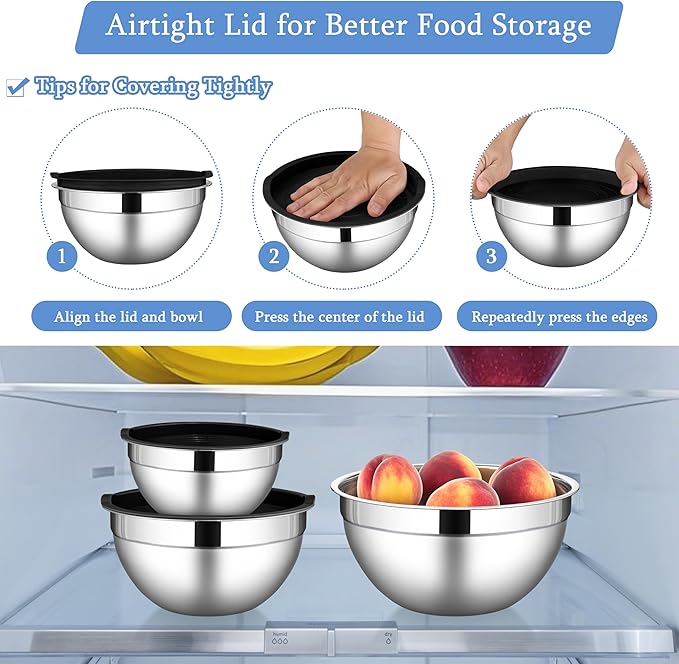 LIANYU Mixing Bowls with Lids Set of 3, Stainless Steel Nesting Metal Bowls | Large & Small Bowl for Kitchen Storage, Dishwasher Safe & Easy Cleaning, Size 1.5QT & 3QT & 4.6QT, Black