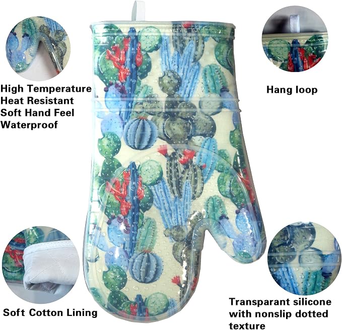 Oven Mitts with Transparent Clear Silicone Shell and Nice Cacturs Flower Printing