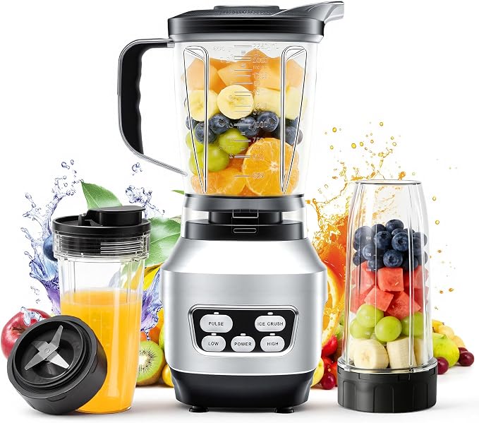 DUMOS Smoothie Blender for Kitchen, Personal Blender for Smoothies | 6 Blades, 24 34 60 oz BPA-Free Cups, Portable Easy Clean, Ice Crush Shakes Sauces, Silver