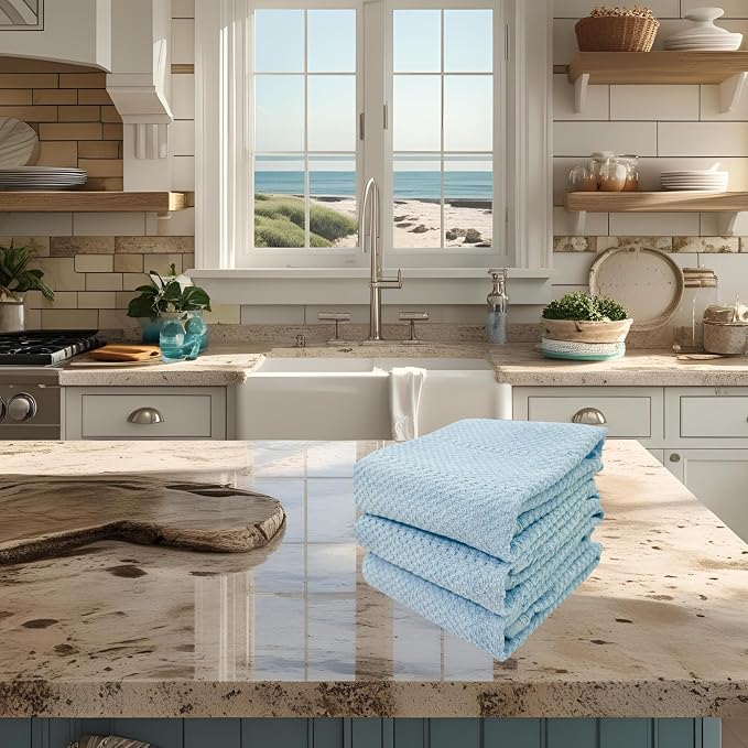Light Baby Blue Kitchen Hand Dish Towels, Set of 3, 100% Cotton, 18" x 28" | Terry Loop Ribbed Textured, Soft & Absorbent Cleaning Cloth, Quick Dry, Multipurpose for Everyday Use