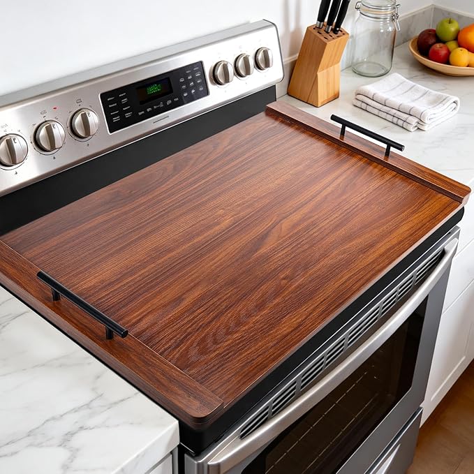 Noodle Board Stove Cover with Handles, Wood Stove Top Covers for Electric Stove and Gas Burners, Wooden Decorative Serving Tray Kitchen Sink Cover for Counter Space (Walnut)