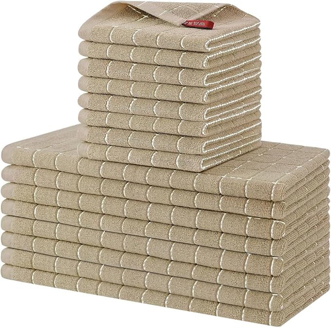Homaxy Kitchen Towels and Dishcloths Set, Set of 16, Tan | Bulk Cotton Terry Kitchen Towels, Checkered Designed, Soft and Super Absorbent Dish Towels, 12 x 12 and 13 x 28 Inches